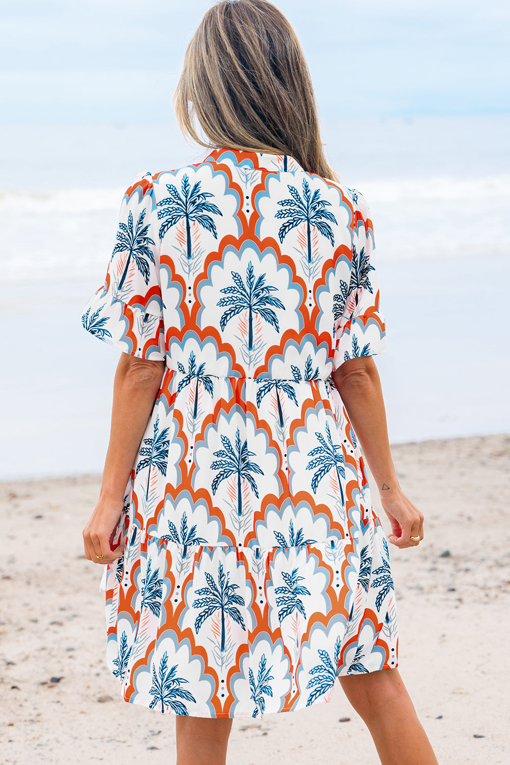 Orange Contrast Palm Tree Printed Short Sleeve Flowy Dress