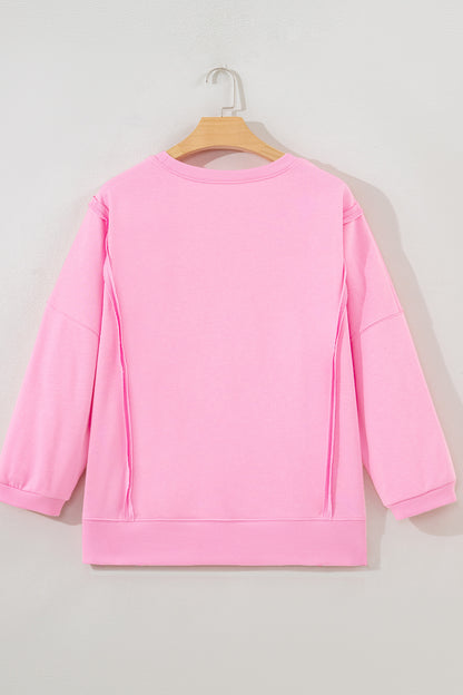 Pink Floral Bow Patched Exposed Seam Patchwork Slit Baggy Sweatshirt