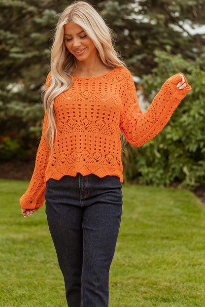 Carrot Solid Color Open Crochet Scallop Edge Sweater