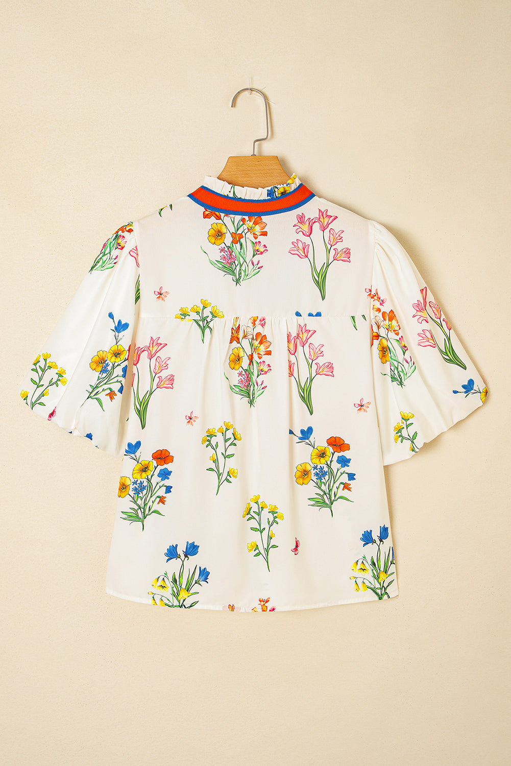 White Floral Short Puff Sleeve Contrast V Neck Print Blouse