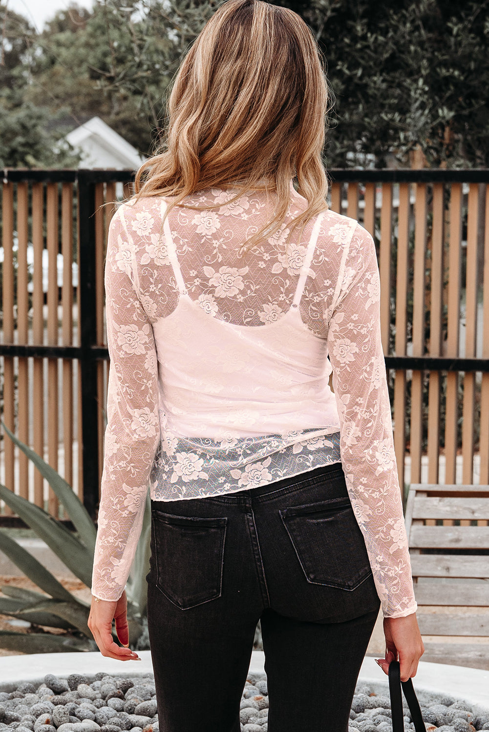 Apricot Pink Sheer Floral Lace Mesh Mock Neck Long Sleeve Top
