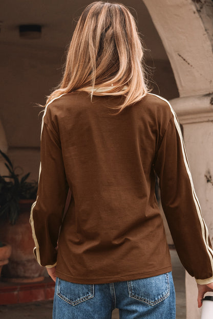 Bright Green Varsity Striped Accent Contrast Crew Neck Long Sleeve T Shirt