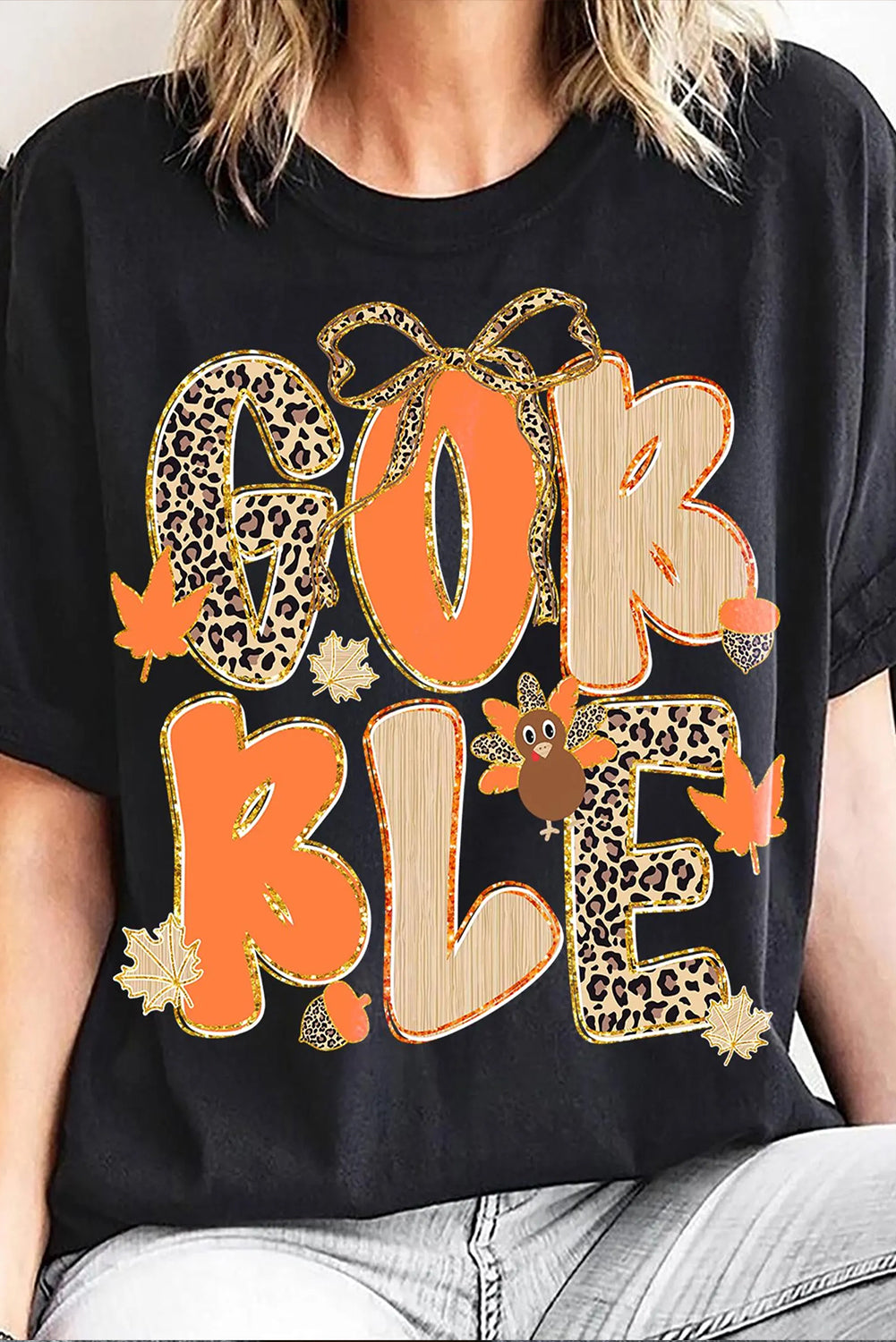 Black GOBBLE Leopard Letter Print Turkey Bow Graphic T Shirt