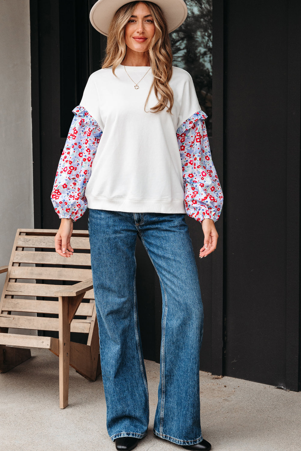 White Floral Ruffled Balloon Sleeve Patchwork Loose Blouse