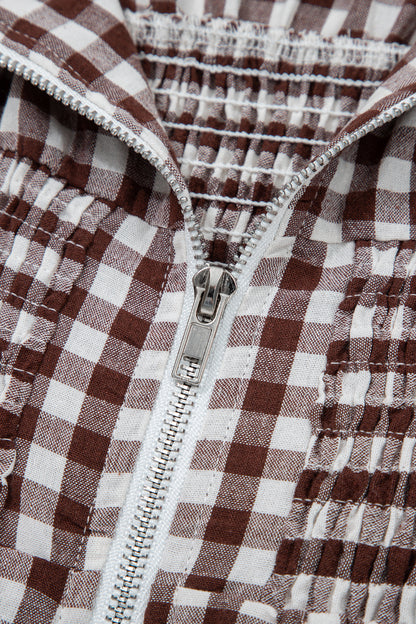 Coffee Plaid Print Full Zipper Cinched Waist Fit Flare Sleeveless Maxi Dress