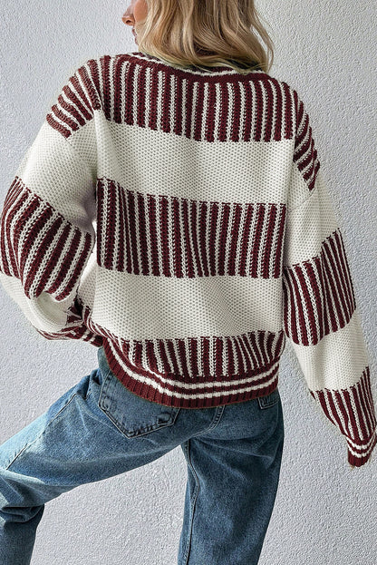 Khaki Two Tone Striped Patchwork Drop Shoulder Loose Sweater
