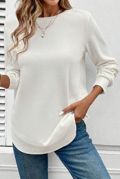 White Rounded Hem Waffle Long Sleeve Top