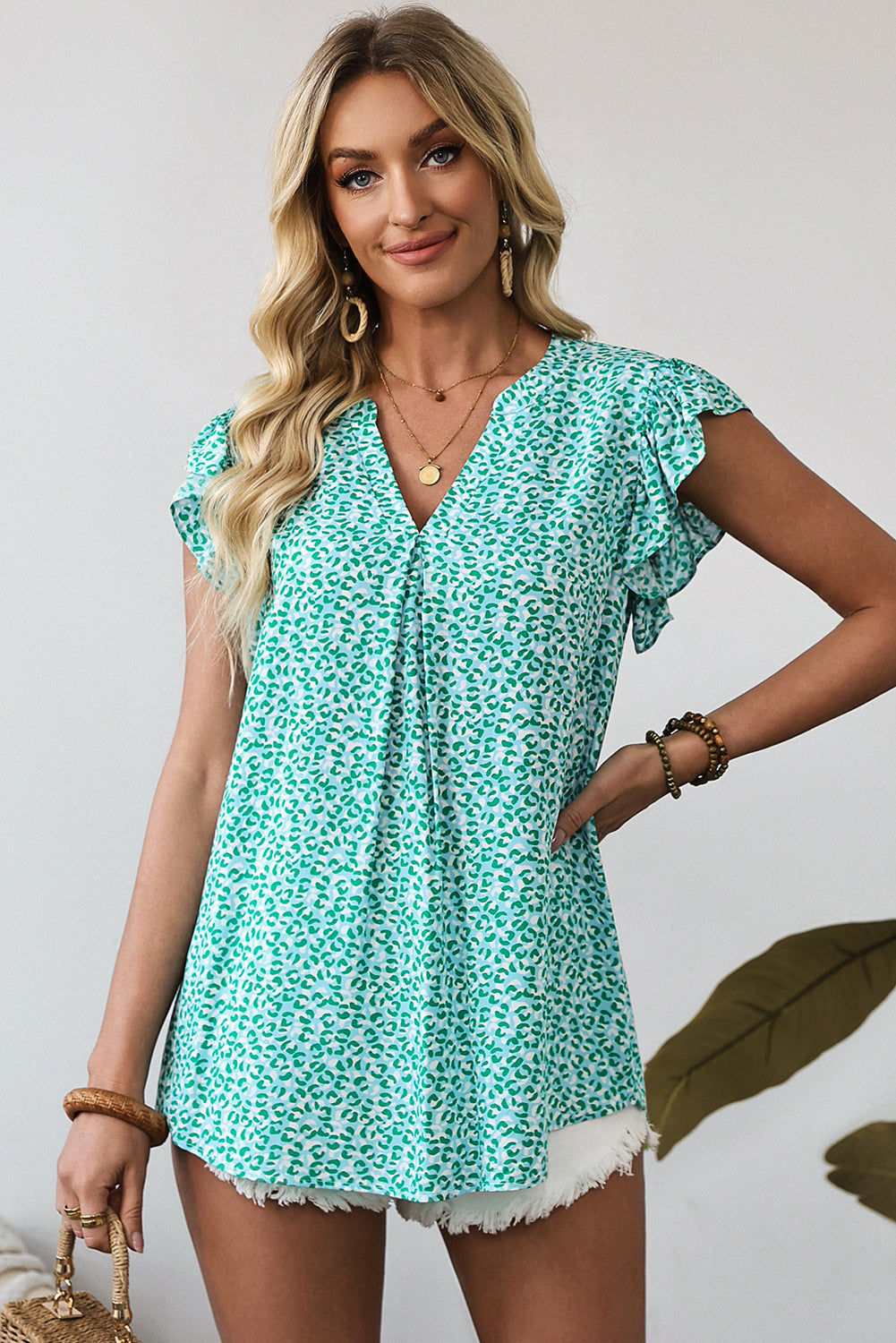 Green Notched V Neck Leopard Ruffle Short Sleeve Blouse