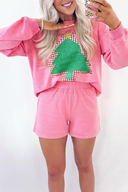 Sachet Pink Plaid Contrasted Double Christmas Tree Patched Raglan Sleeve Pullover 2pcs Short Set