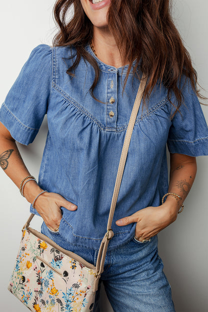 Beau Blue Seam Pleated Detail Half Button Short Sleeve Denim Top
