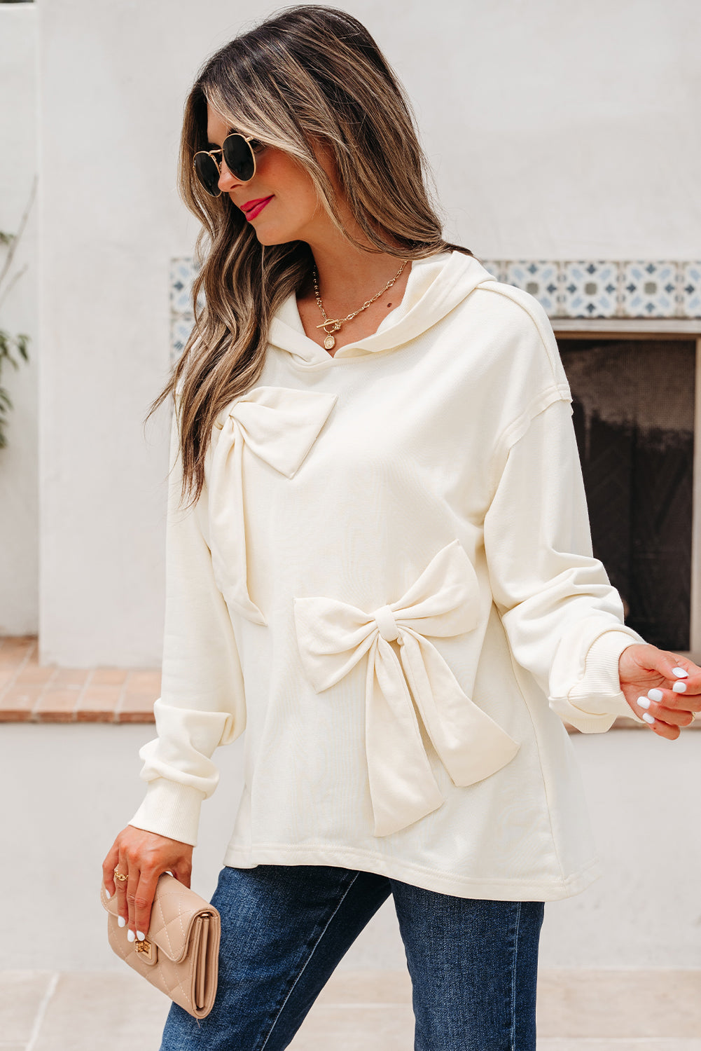 White Solid Color Cute Bow Detail Loose Hoodie