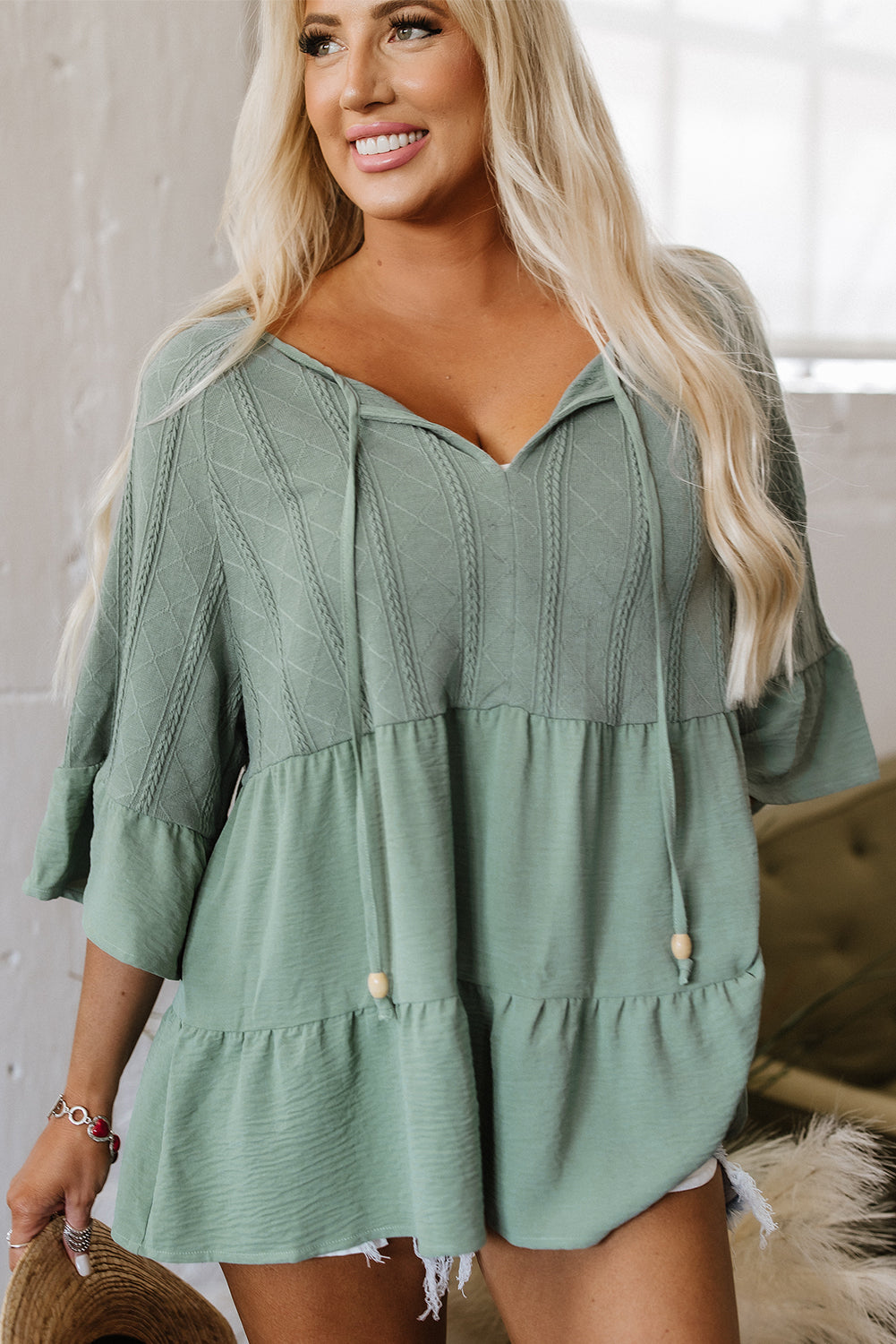 Laurel Green Tie Split Neck Textured Ruffle Patchwork Blouse