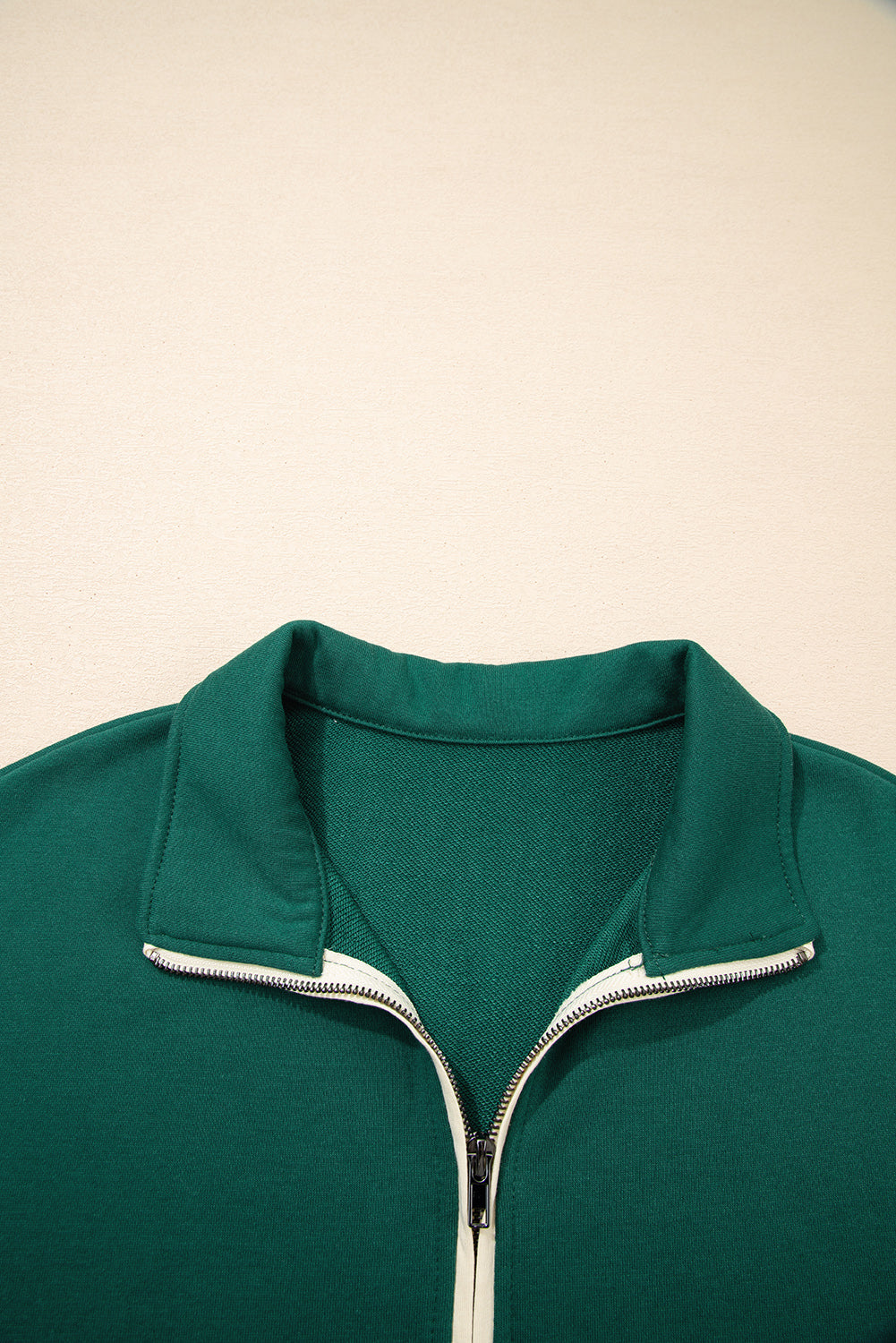 Evergreen Contrast Trim Zip Collar Long Sleeve Ruffle Hem Mini Dress