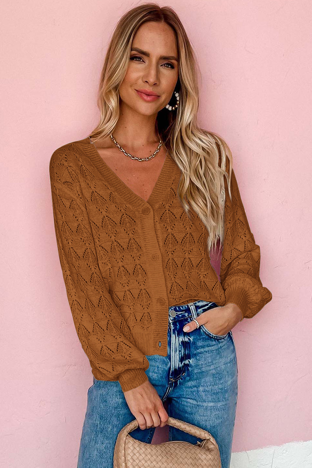 Brown Lightweight Buttoned Front Crochet Cardigan