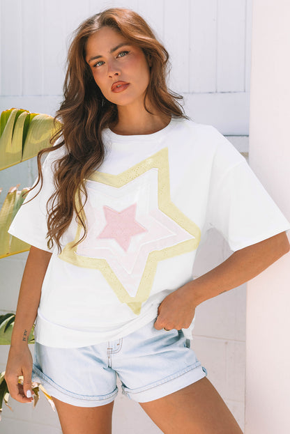 White Star Layered Patched Graphic Drop Shoulder Half Sleeve Loose Tee