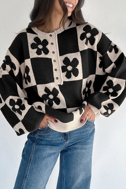 Thai Curry Flower Plaid Henley Baggy Sweater