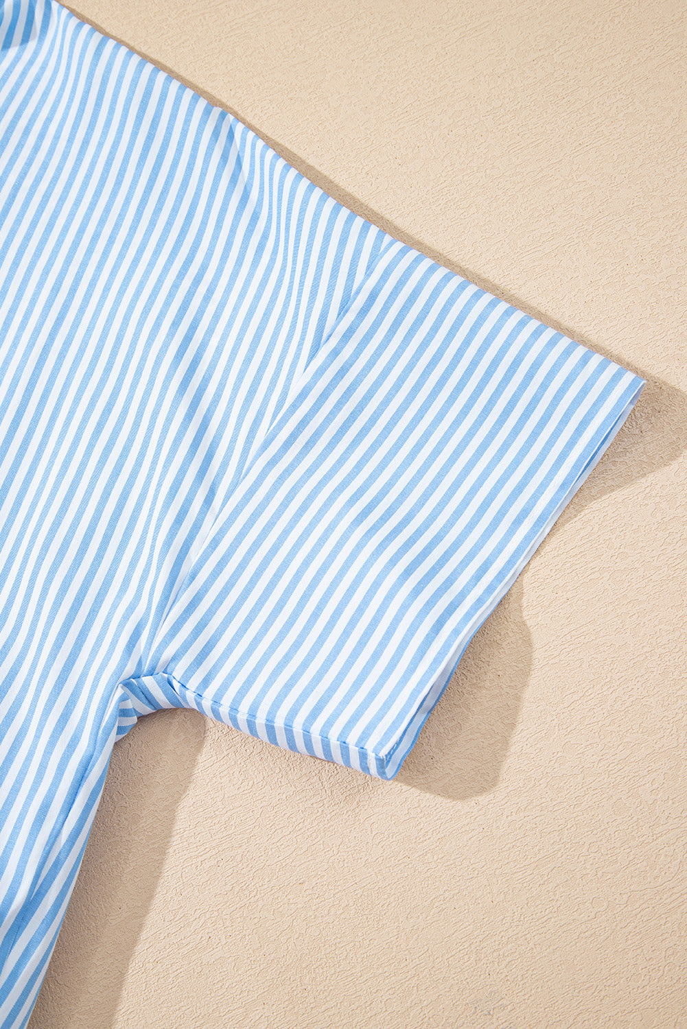 Sky Blue Stripe Contrast Collar Patchwork Hidden Button Short Sleeve Summer Shirt