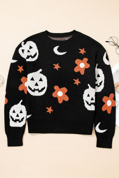 Black Halloween Mythical Night Pattern Drop Shoulder Sweater