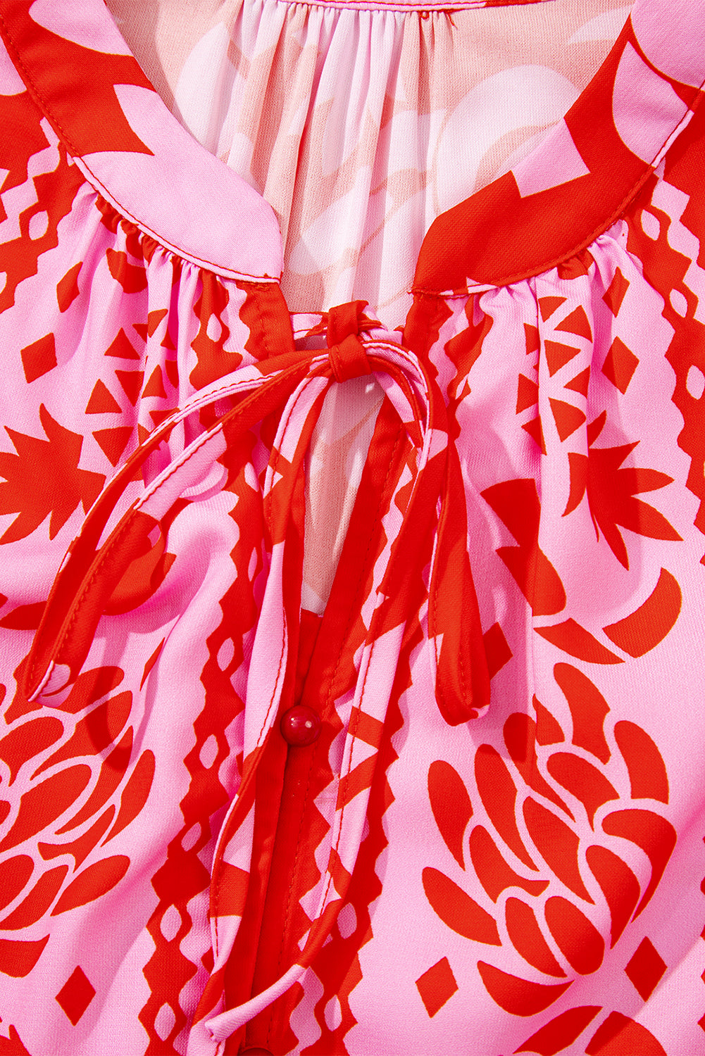 Strawberry Pink Abstract Floral Print Tie Neck Button Decor 3/4 Sleeve Blouse