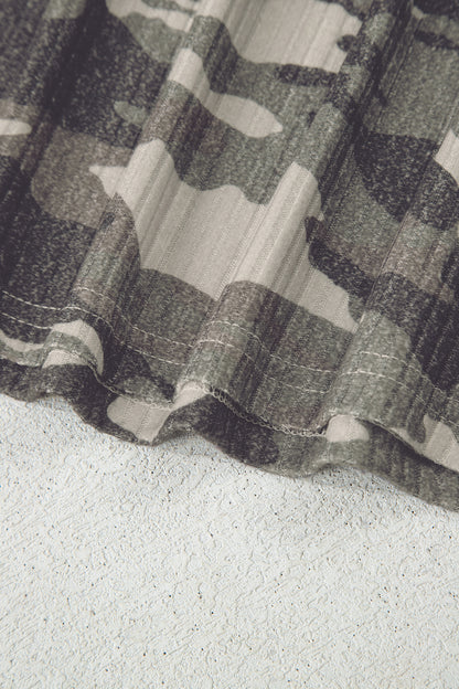 Gray Camouflage Print Ribbed Knit Round Neck Tank Top