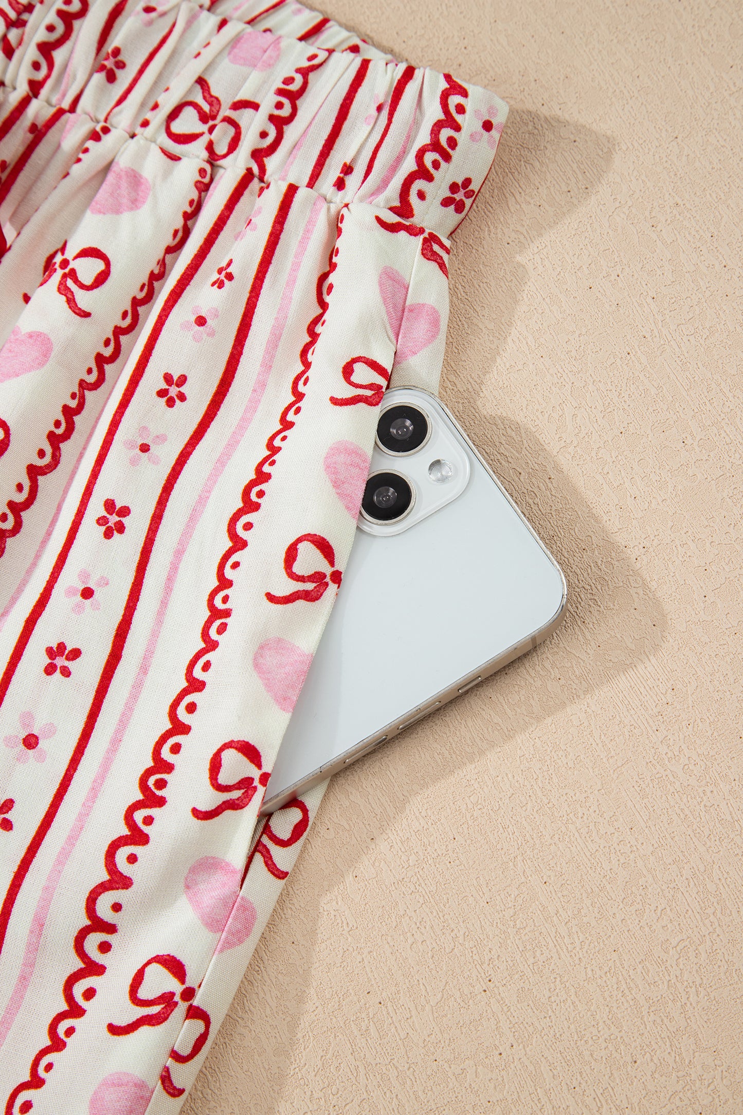 Red Sweet Floral Heart Bow Print Contrast Trim Long Sleeve Shirt Pajama Short Set