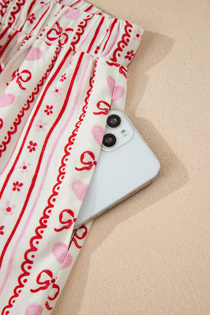 Red Sweet Floral Heart Bow Print Contrast Trim Long Sleeve Shirt Pajama Short Set