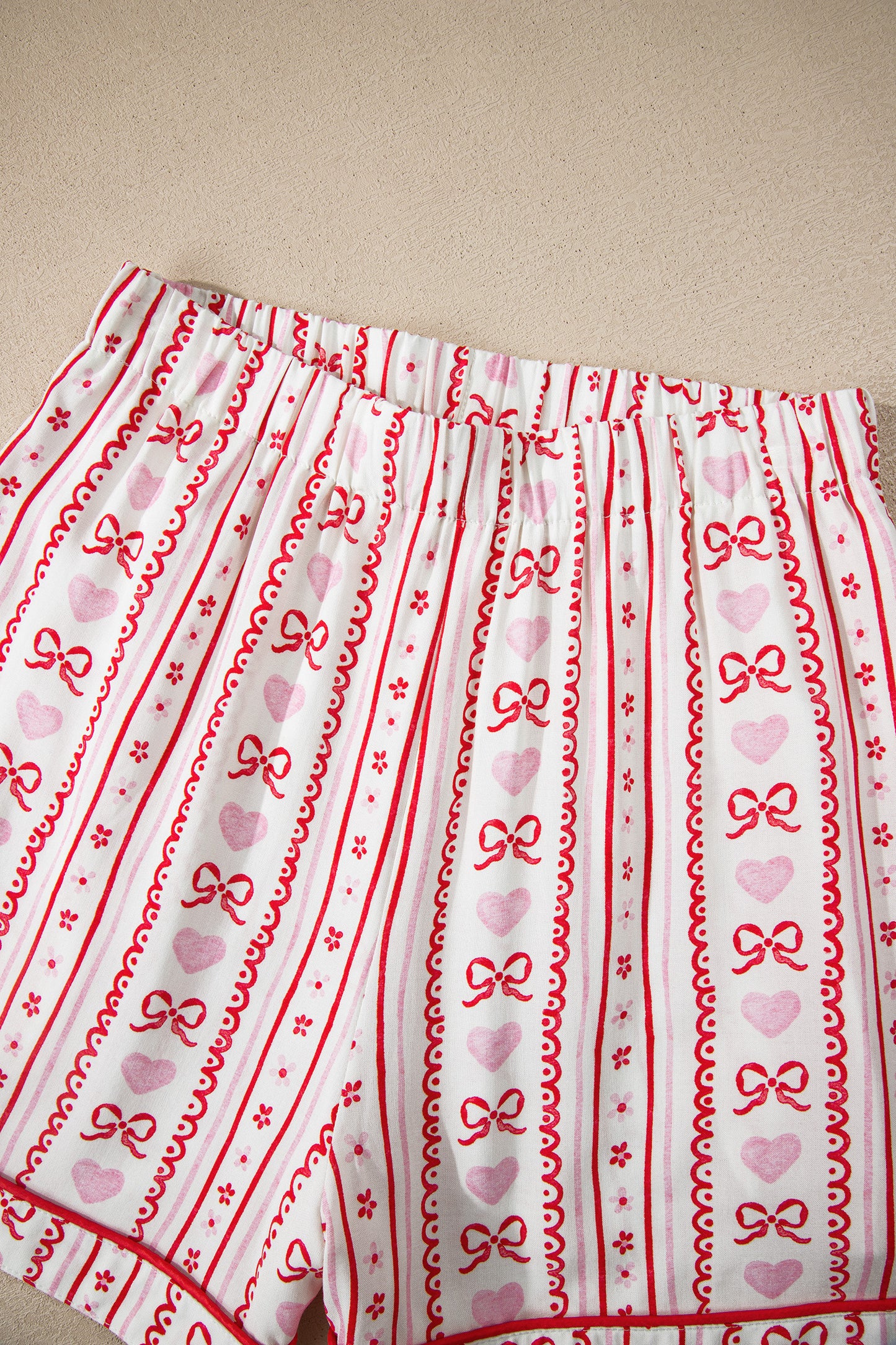 Red Cute Bow Heart Print Ribbon Decor Short 2pcs Pajama Set