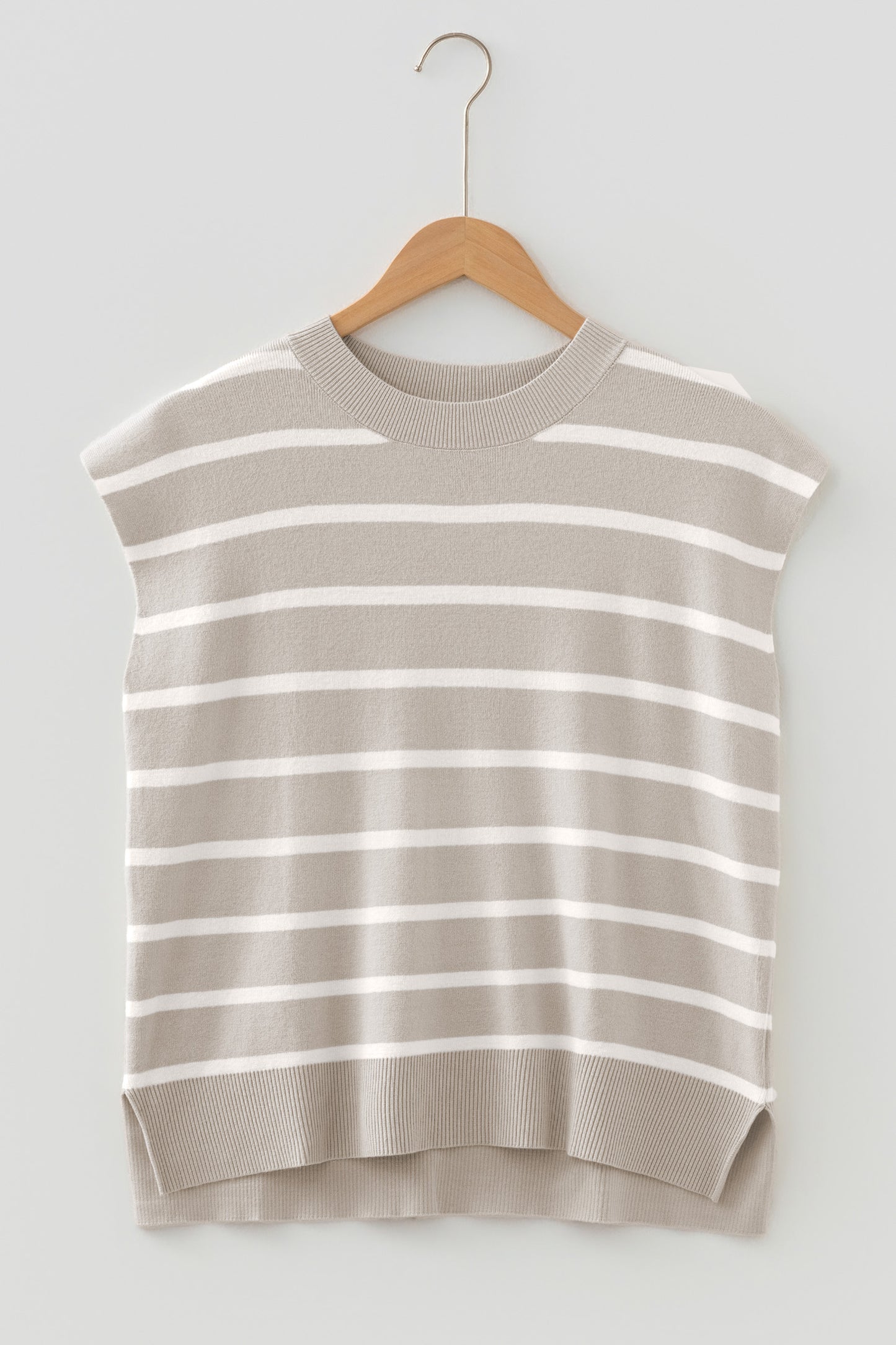 Brown Stripe Side Slits Crewneck Short Sleeve Sweater Tee