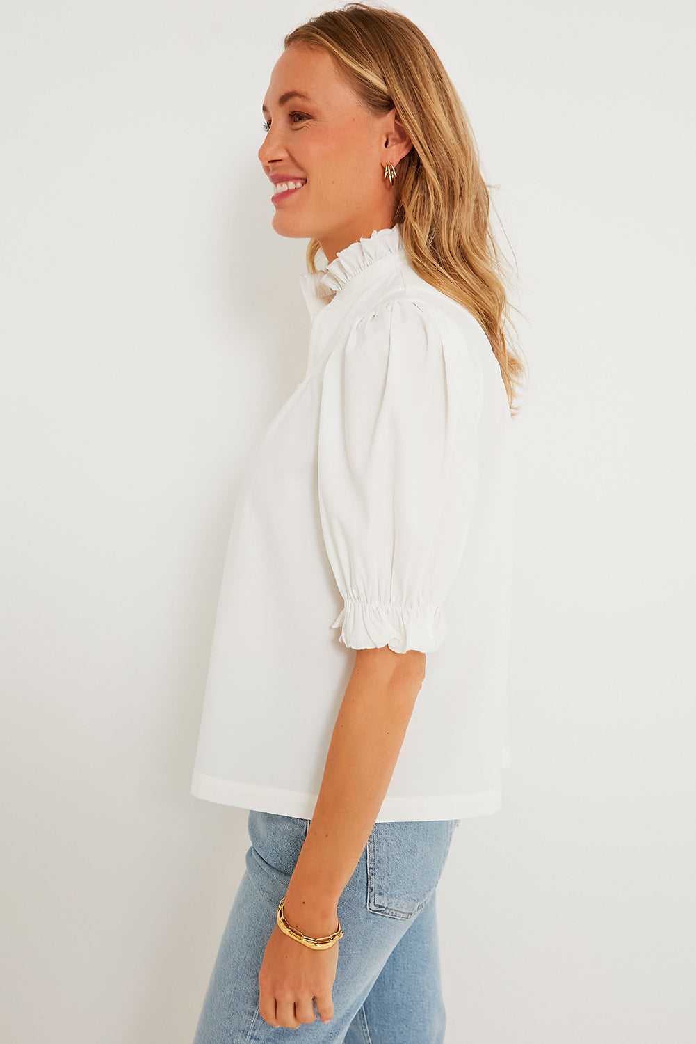 White Frilled Edge Half Button Stand Neck Bubble Sleeve Blouse