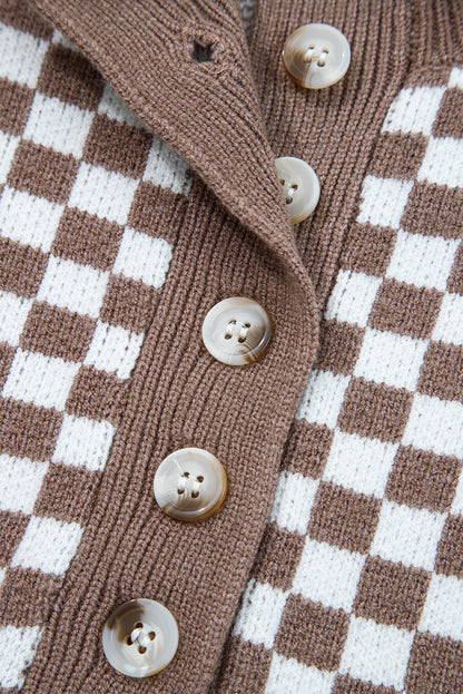 Dark Brown Half Button Ribbed Trim Checkerboard Knit Sweater