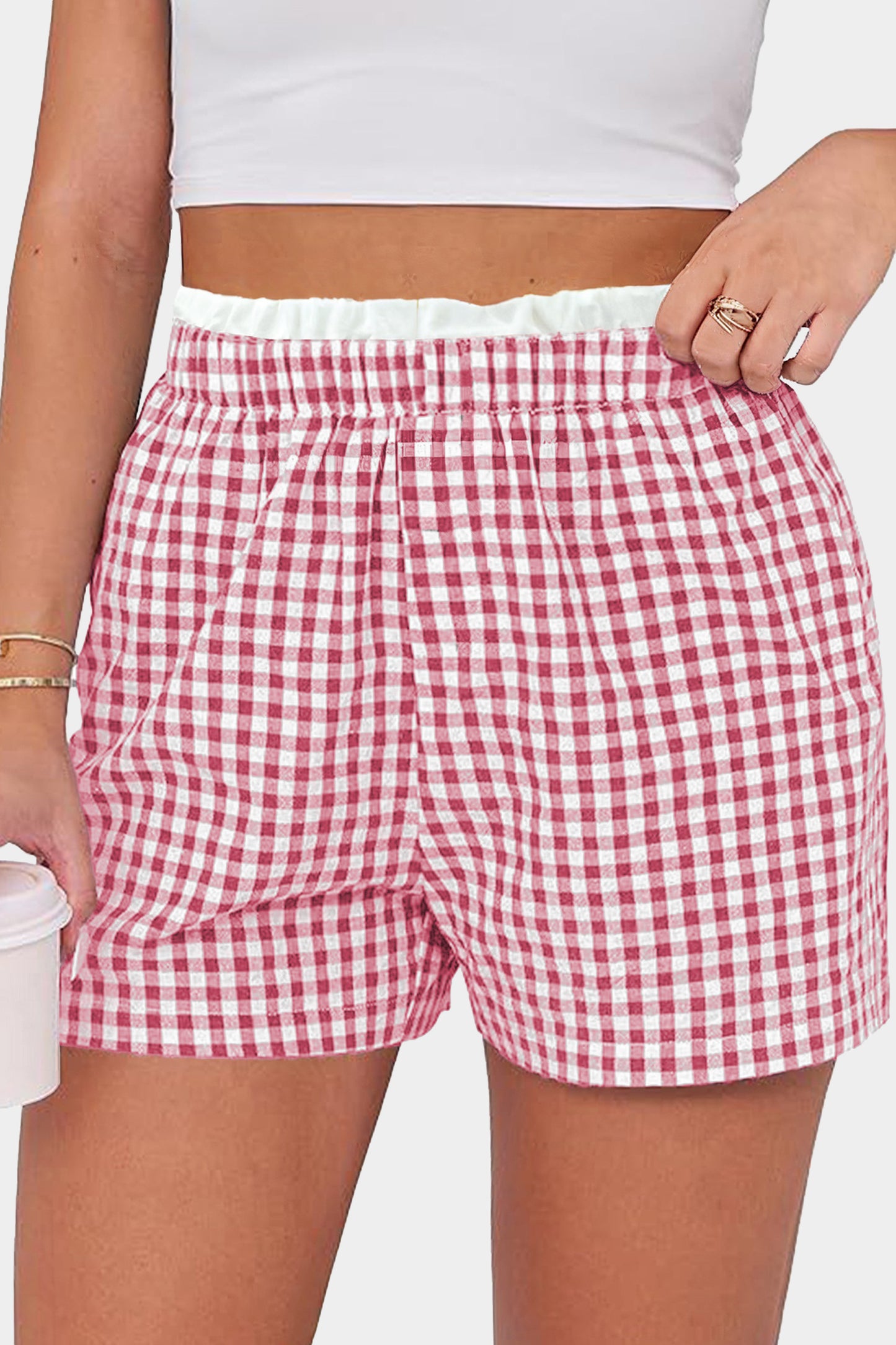 Pink Contrast Trim Plaid Print Plus Size Shorts