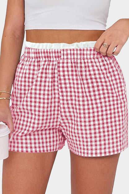 Pink Contrast Trim Plaid Print Plus Size Shorts