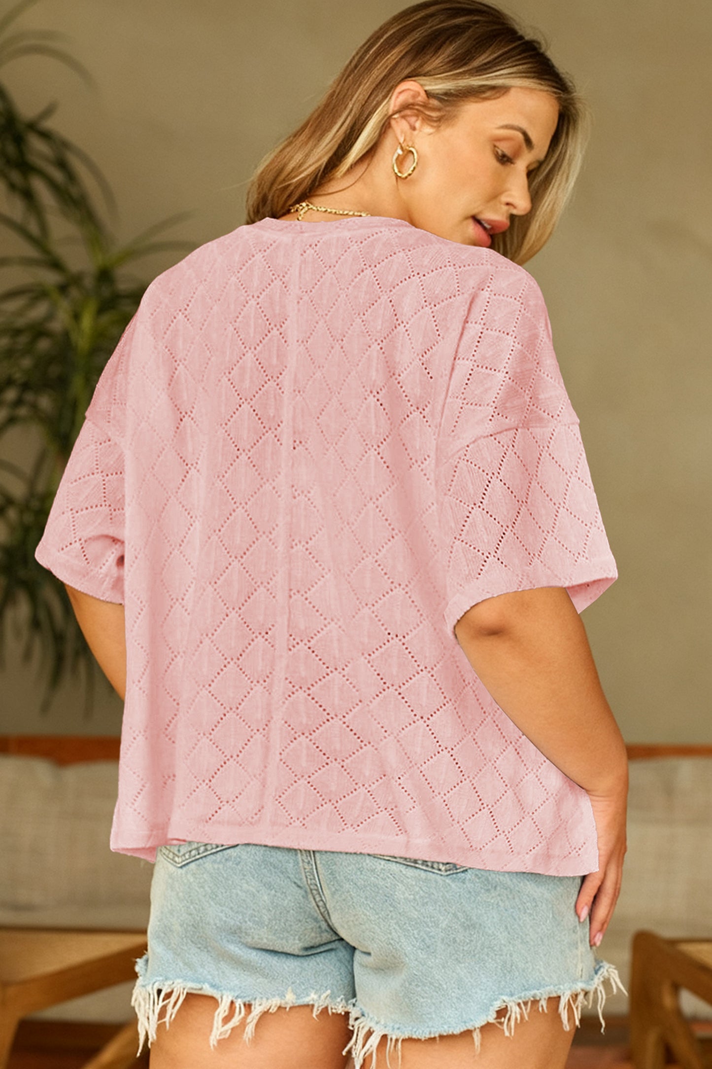 Light Pink Pointelle Rhombus Knit Plus Size V Neck Loose Top