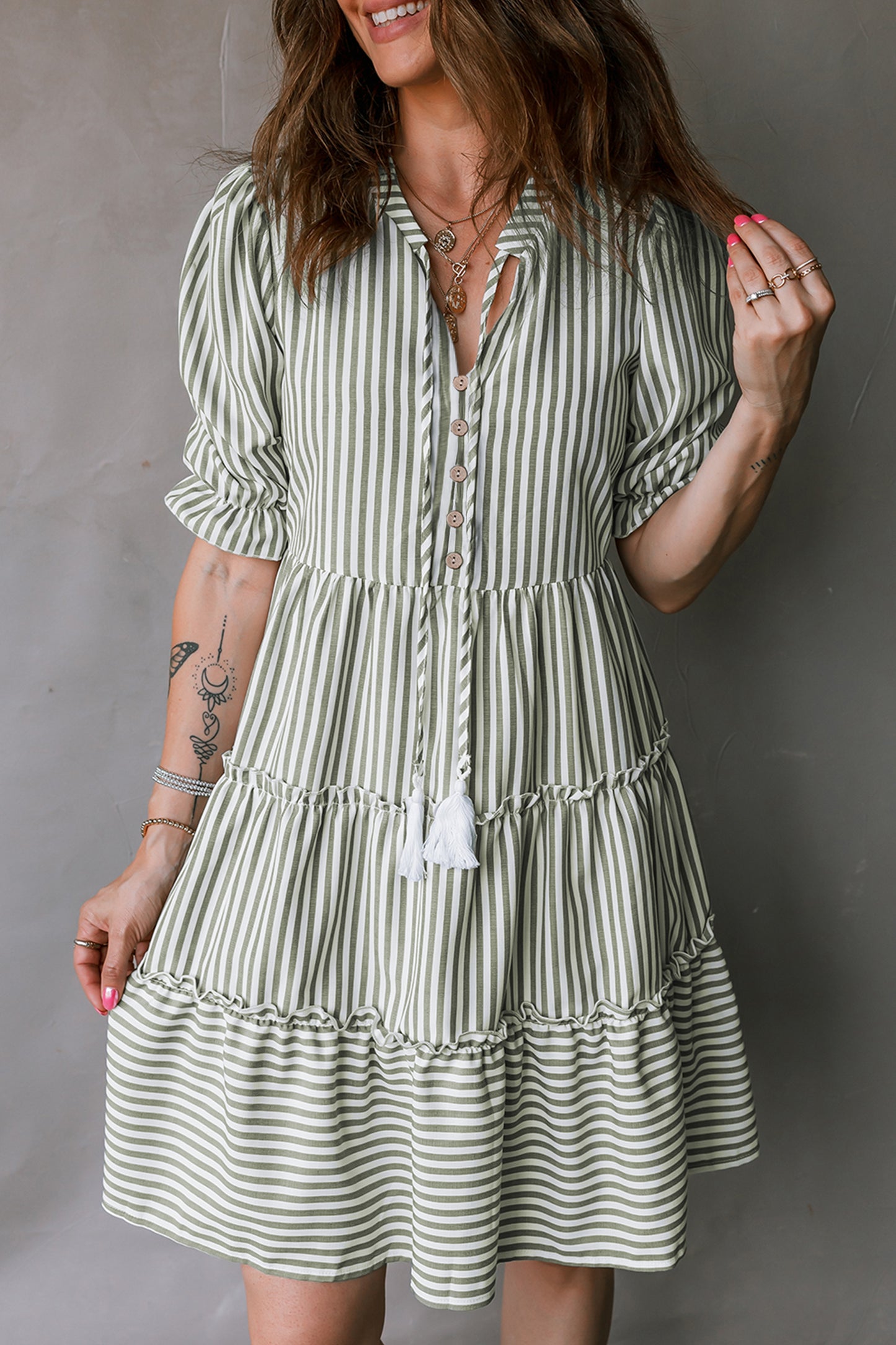 Green Stripe Tasseled Tie Neck Ruffled Short Sleeve Tiered Flattering Dress