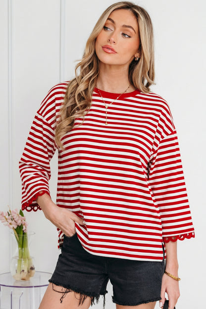 Black Striped Print Drop Shoulder Lace Trim Bracelet Sleeve Loose Top