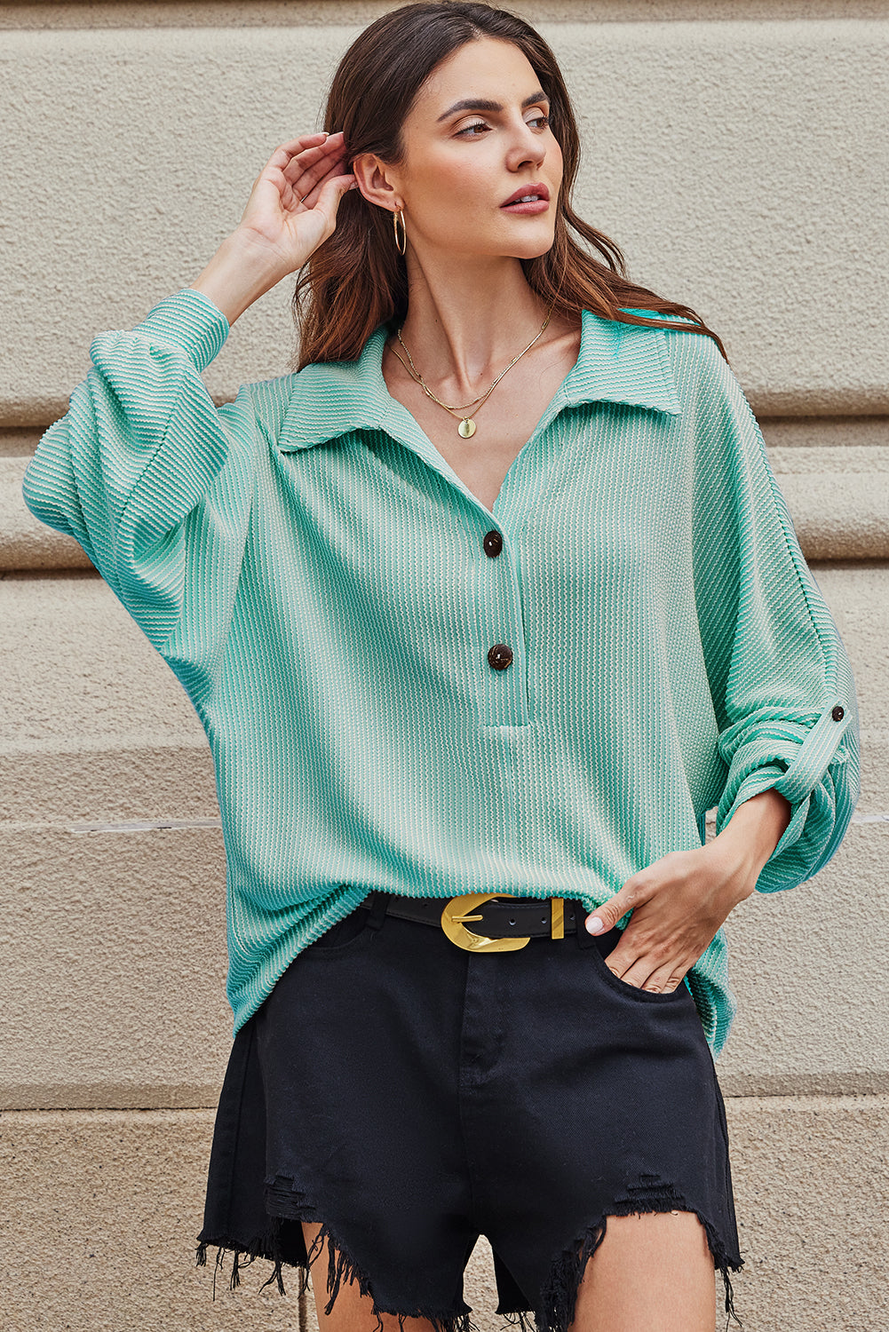 Light Blue Oversized Twist Ribbed Collared Henley Top with Roll up Sleeve