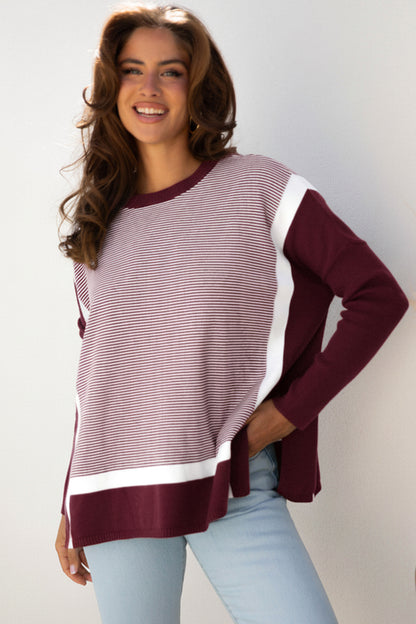 Green Stripe Color Block Patchwork Dolman Oversize Tunic Sweater