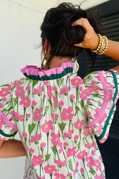 Red Floral Print Contrast Trim V Neck Double Ruffled Short Sleeve Blouse