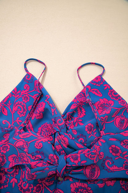 Blue Floral Print Twisted V Neck Tied Backless Maxi Dress