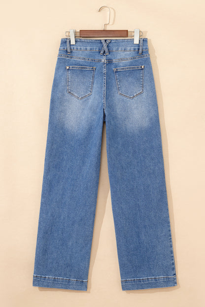 Sky Blue Double Button Zip Fly Straight Leg Jeans