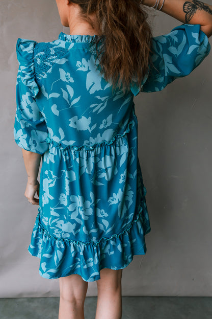 Blue Flower Half Sleeve Tiered Ruffled Mini Dress