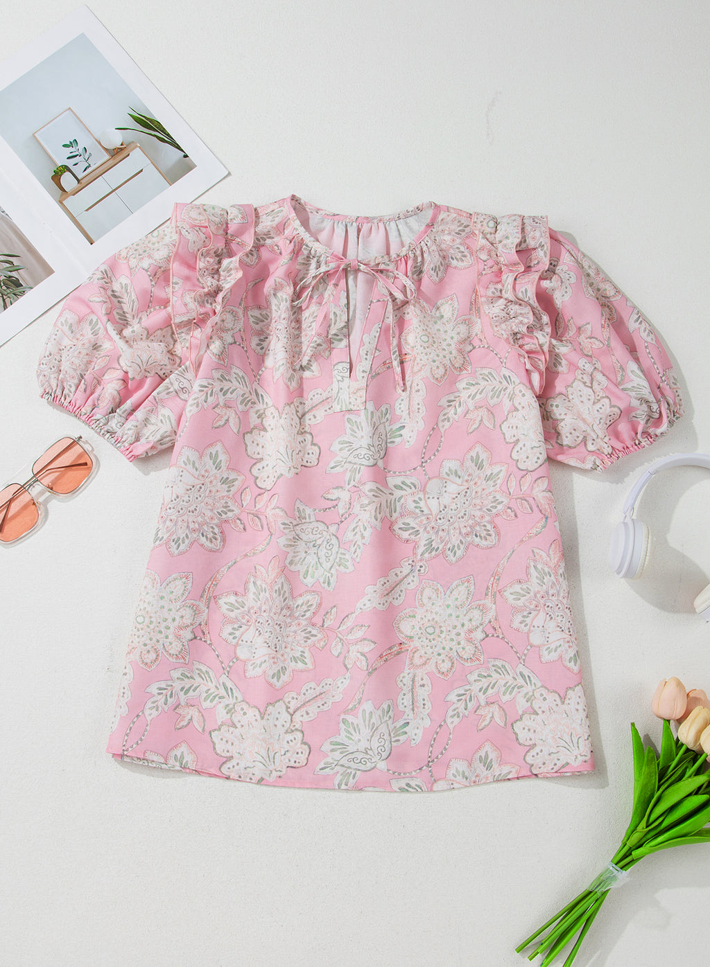 Pink Floral Print Drawstring V Neck Puff Sleeve Loose Blouse
