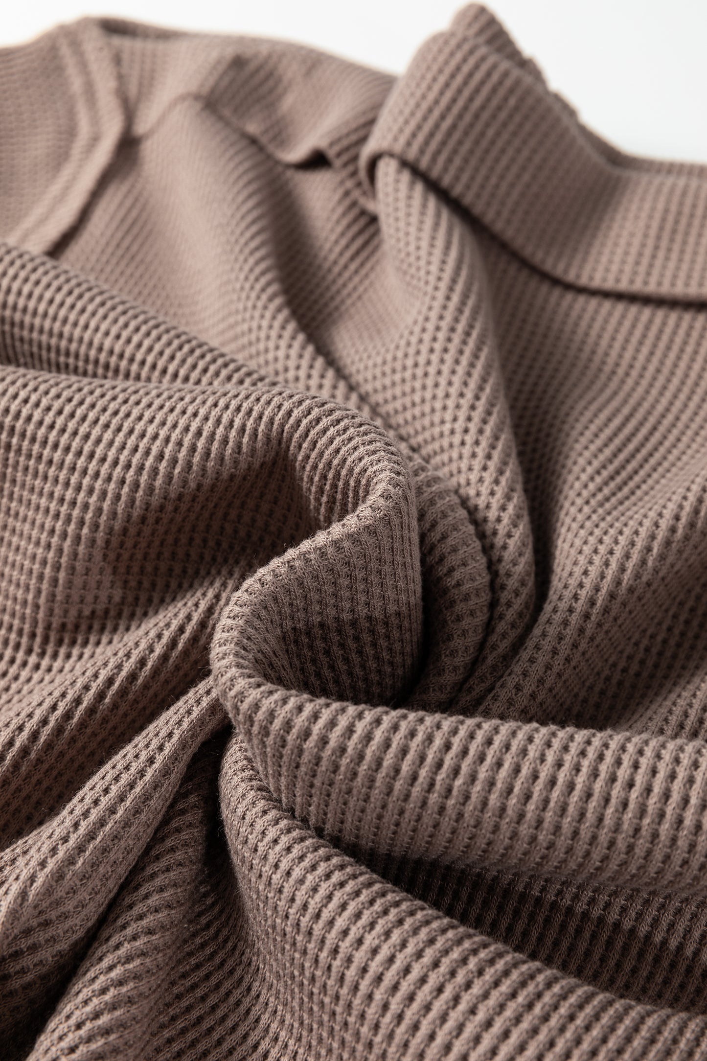 Old Rose Solid Color Waffle Knit Asymmetric Neck Long Sleeve Top