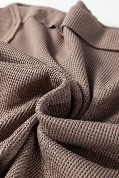 Old Rose Solid Color Waffle Knit Asymmetric Neck Long Sleeve Top