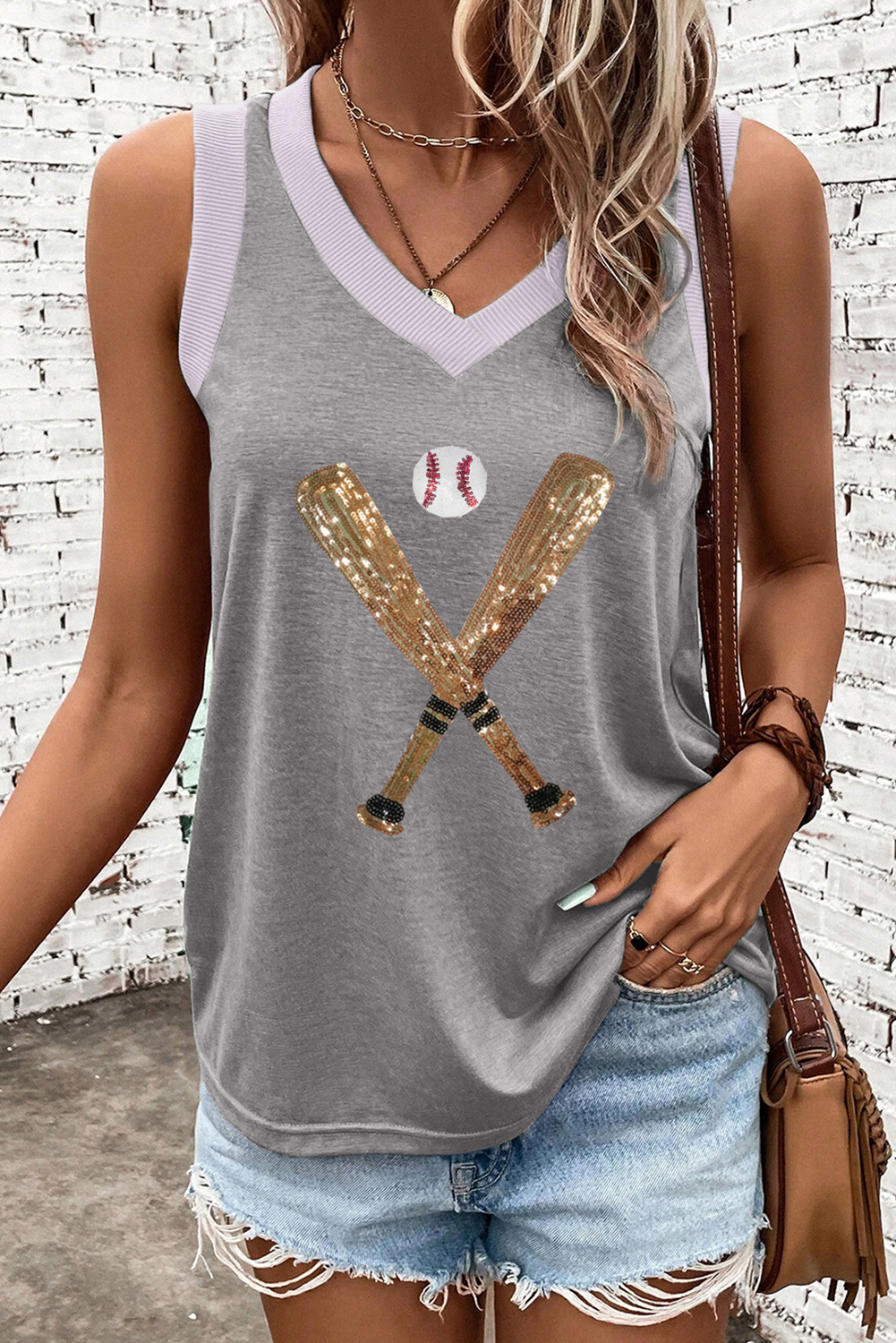 Gray Sequined Baseball Bat Graphic Ribbed Trim Casual Tank Top