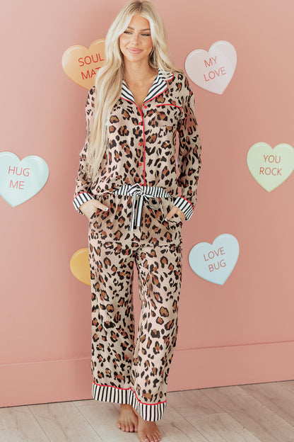 Dearlove Khaki Leopard Print Colorblock Striped Edge Shirt and Pants Pajama Set