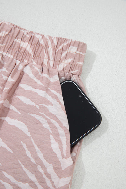 Khaki Abstract Print Cuffed Short Sleeve Loose Top Short Set