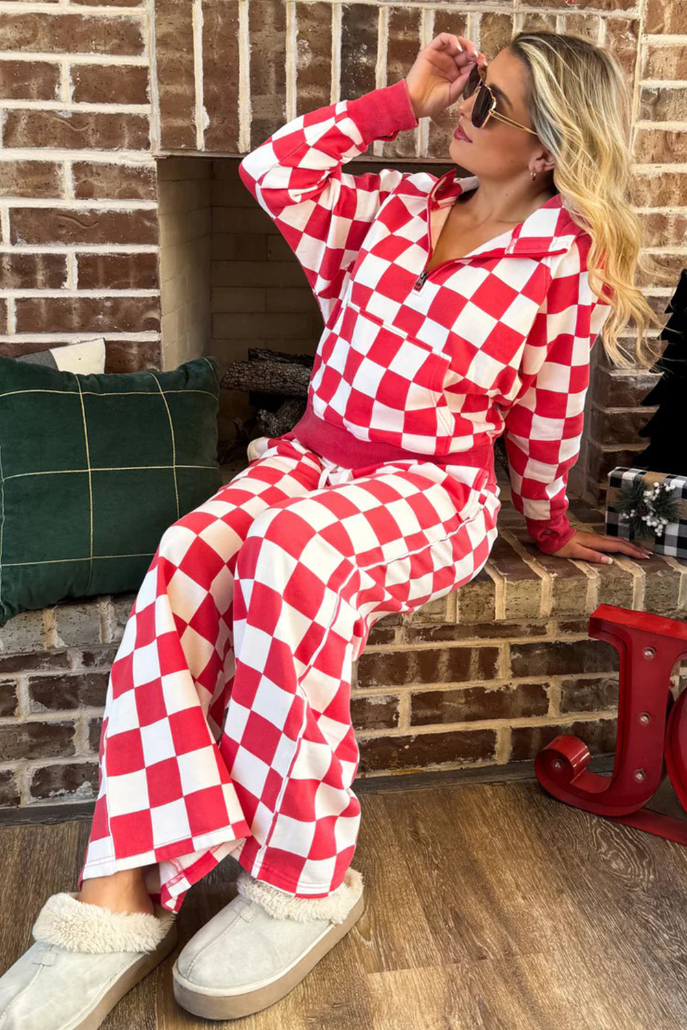 Red Checkered Print Half Zip Hoodie Loose Pant Set