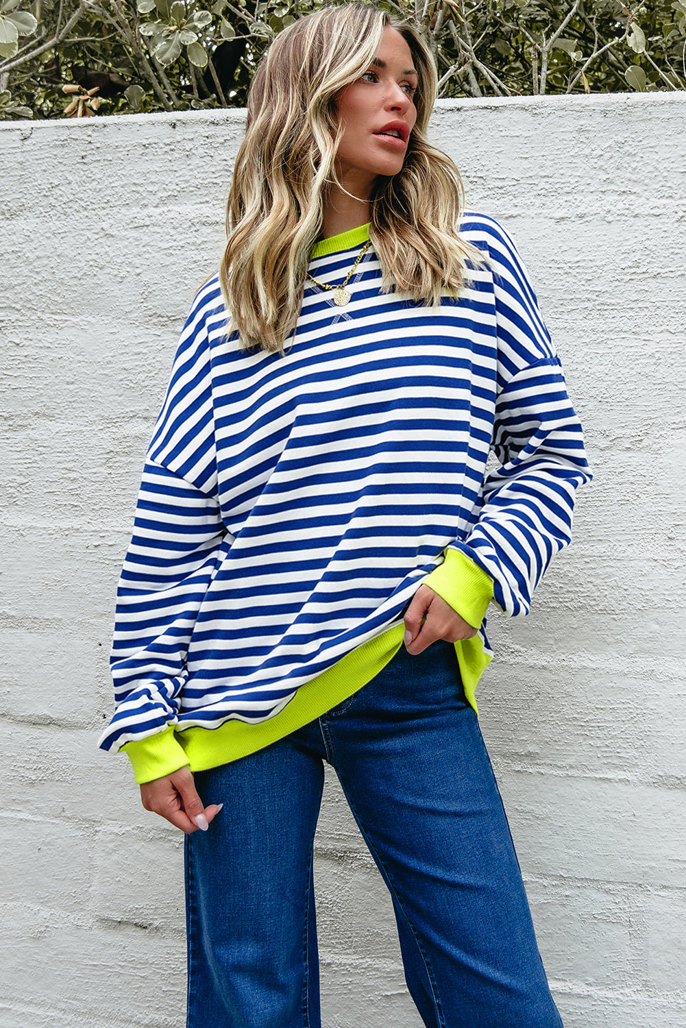 Sky Blue Stripe Striped Contrast Ribbed Trim Crossed Stitch Drop Shoulder Sweatshirt