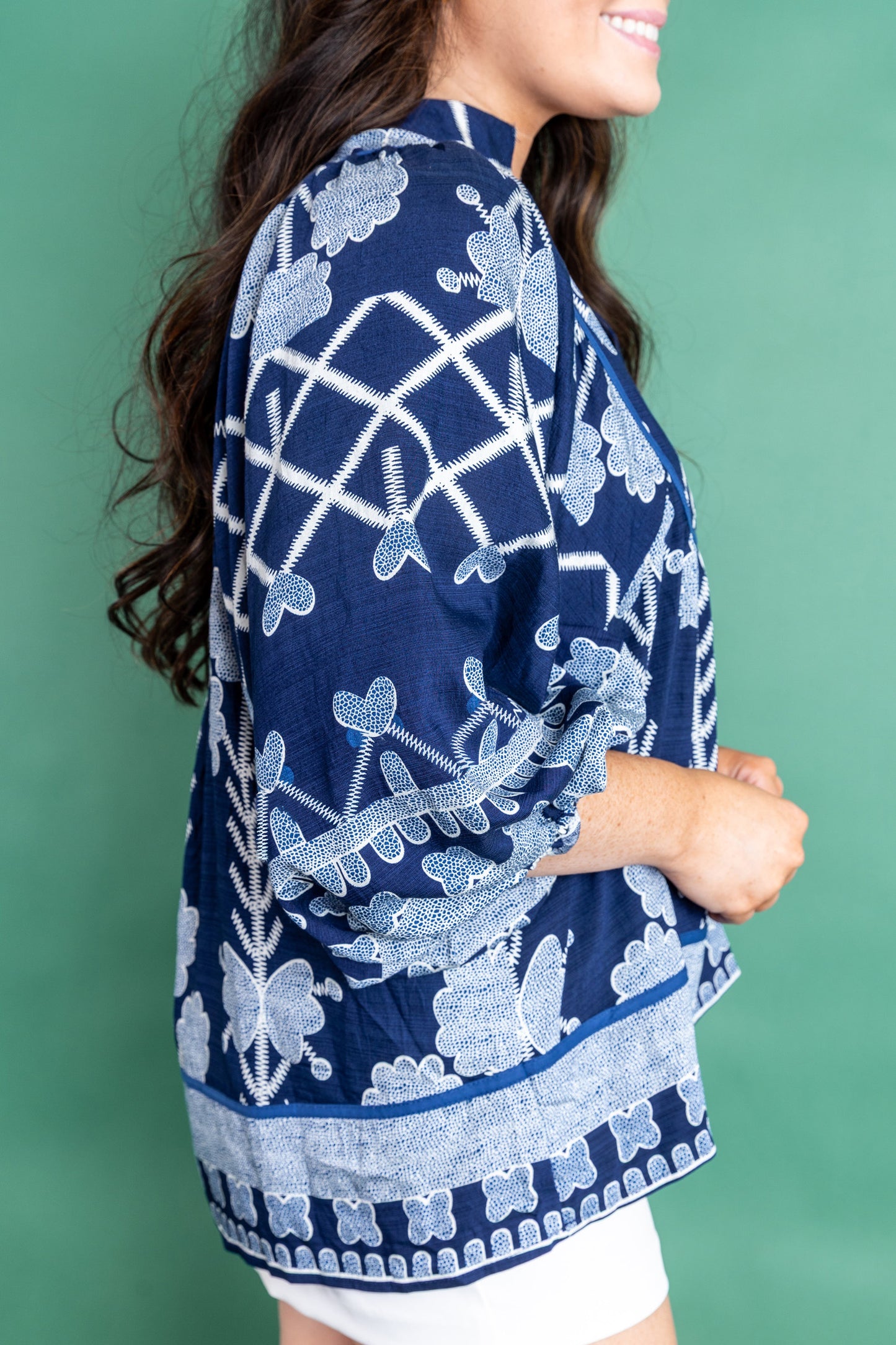 Blue Plus Size Floral Printed Notched Neck Long Sleeve Blouse